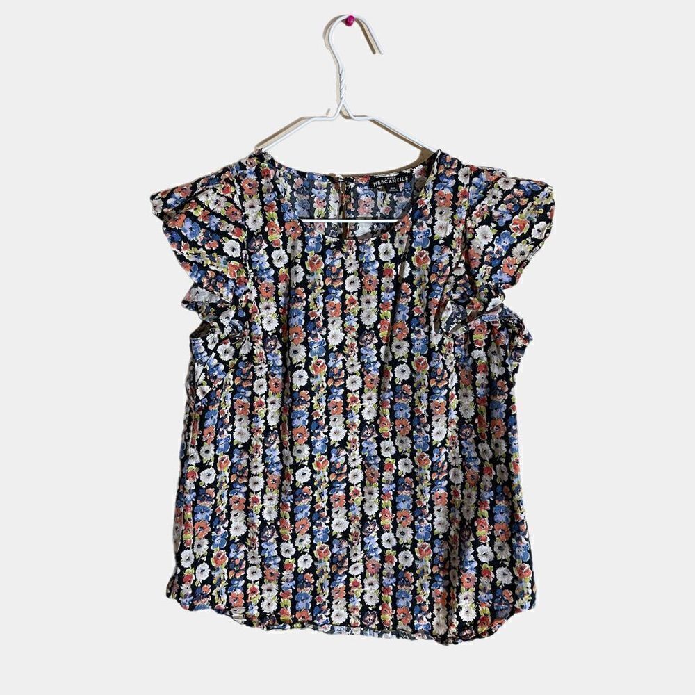 J. Crew Mercantile Black Orange Blue Floral Ruffle Flutter Sleeve Top Tank 00